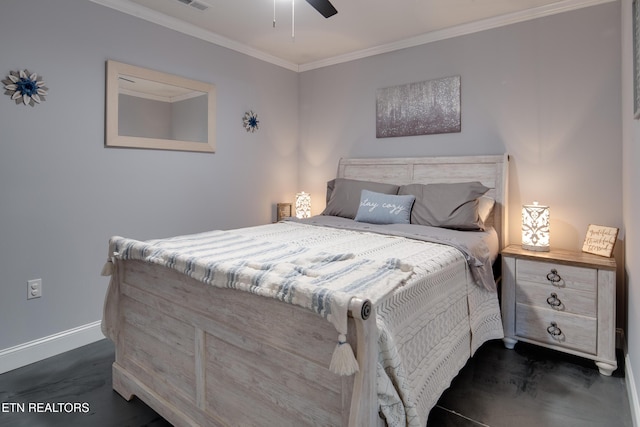 bedroom featuring baseboards, a ceiling fan, visible vents, and crown molding