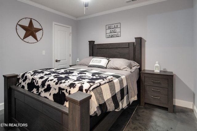 bedroom featuring finished concrete flooring, ornamental molding, visible vents, and baseboards