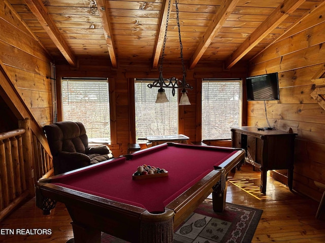 playroom with wood ceiling, wood-type flooring, and wooden walls