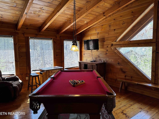 recreation room with billiards, lofted ceiling with beams, wood-type flooring, wood ceiling, and wood walls