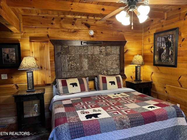 bedroom featuring a wood stove, wood ceiling, wooden walls, and beam ceiling