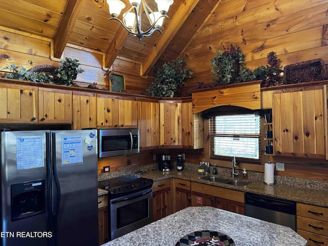 kitchen featuring vaulted ceiling with beams, appliances with stainless steel finishes, wood ceiling, a sink, and wood walls