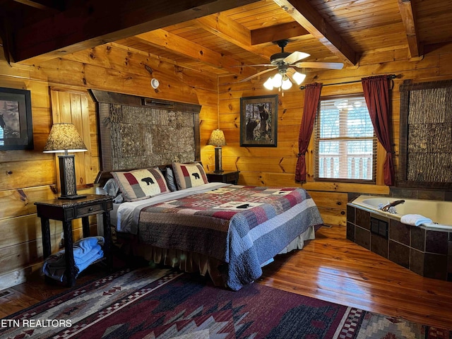 bedroom featuring wooden ceiling, wood walls, beamed ceiling, and hardwood / wood-style floors