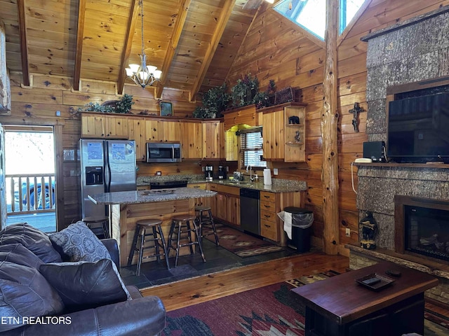 kitchen with stainless steel appliances, wood ceiling, open floor plan, a sink, and wooden walls