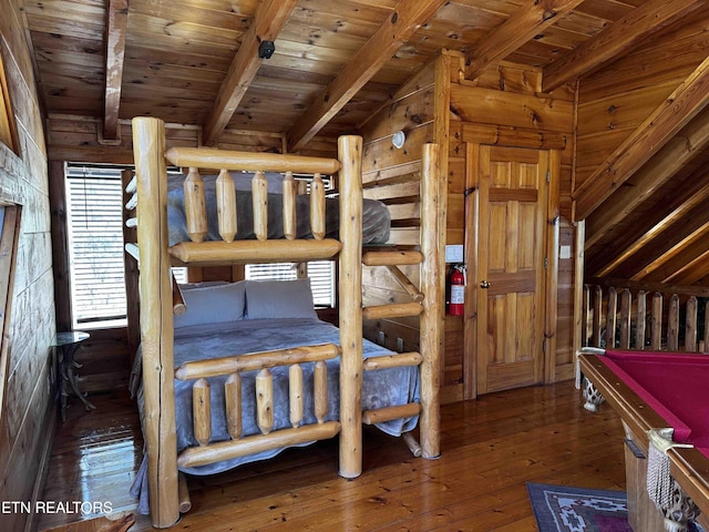 bedroom featuring wooden ceiling, beamed ceiling, billiards, and hardwood / wood-style flooring