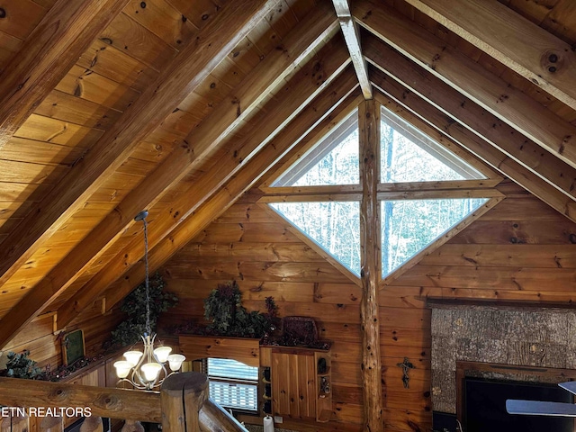 interior space with vaulted ceiling with beams, wood ceiling, and an inviting chandelier