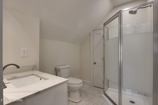 bathroom featuring vanity, lofted ceiling, a shower stall, toilet, and marble finish floor