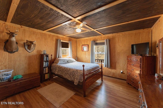 bedroom with wooden ceiling, coffered ceiling, wooden walls, and wood finished floors