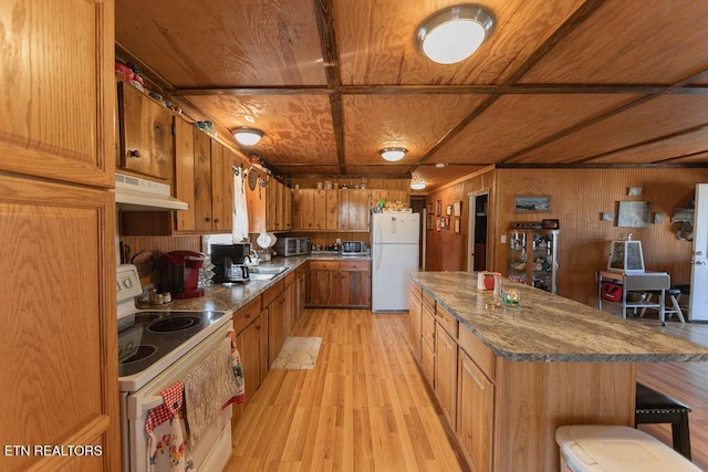 kitchen featuring wooden ceiling, under cabinet range hood, white appliances, wood walls, and light wood finished floors