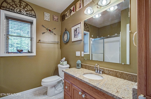 954 Pawnee Ct, Sevierville, TN 37876 - bathroom with a stall shower, baseboards, toilet, tile patterned floors, and vanity
