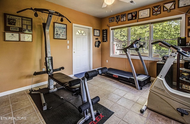 954 Pawnee Ct, Sevierville, TN 37876 - exercise room featuring a ceiling fan, a wealth of natural light, tile patterned flooring, and baseboards