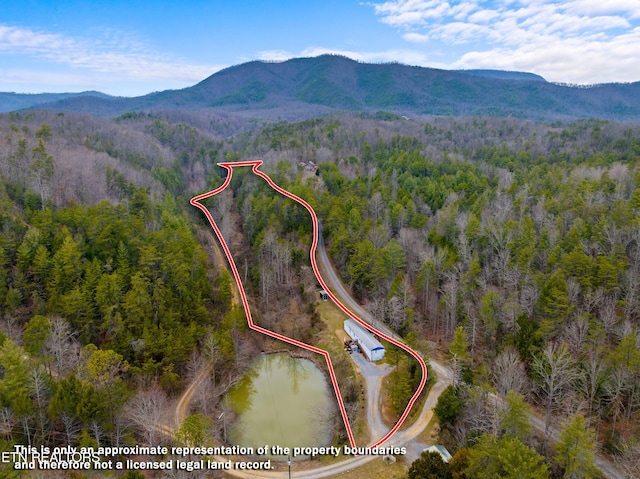 aerial view featuring a mountain view and a view of trees