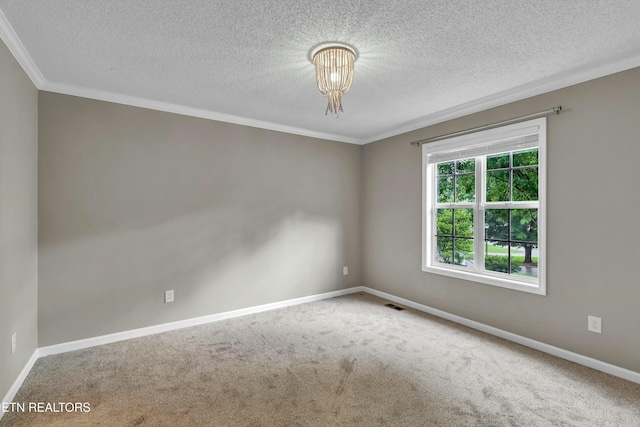 unfurnished room featuring a notable chandelier, baseboards, visible vents, and carpet flooring