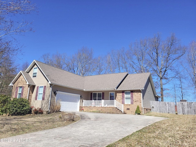 single story home with driveway, fence, a shingled roof, a garage, and brick siding