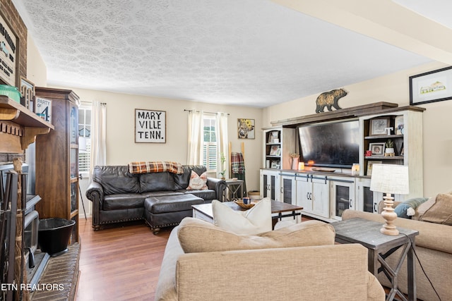 living room with a textured ceiling, a fireplace, and wood finished floors