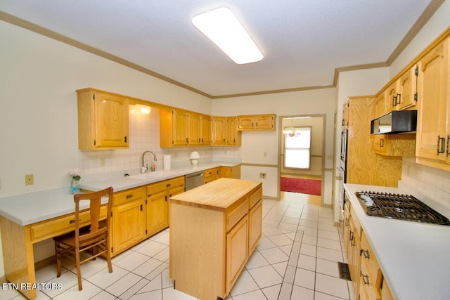 1689 Peppertree Dr, Alcoa, TN 37701 - kitchen with stainless steel appliances, wood counters, crown molding, decorative backsplash, and light tile patterned floors