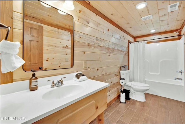 bathroom with visible vents, toilet, wooden walls, vanity, and wooden ceiling