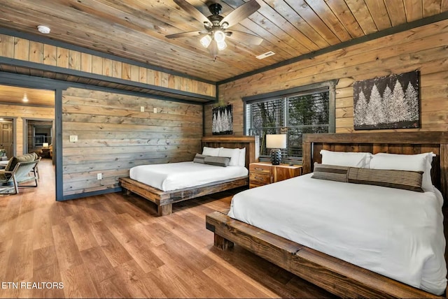 bedroom featuring wooden ceiling, wooden walls, and wood finished floors