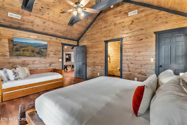 bedroom with wooden walls, wood finished floors, wood ceiling, visible vents, and vaulted ceiling