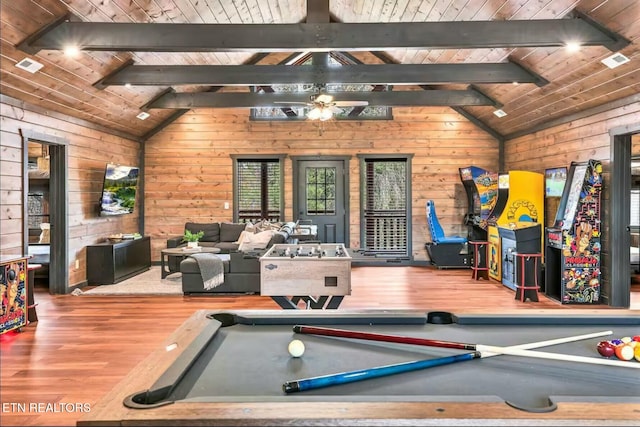 recreation room featuring visible vents, lofted ceiling with beams, wood ceiling, wood finished floors, and wood walls