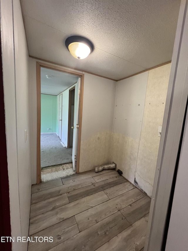 corridor featuring a textured ceiling and wood finished floors