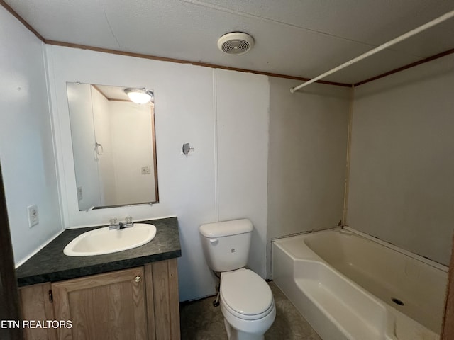 bathroom featuring toilet, bathing tub / shower combination, vanity, and visible vents