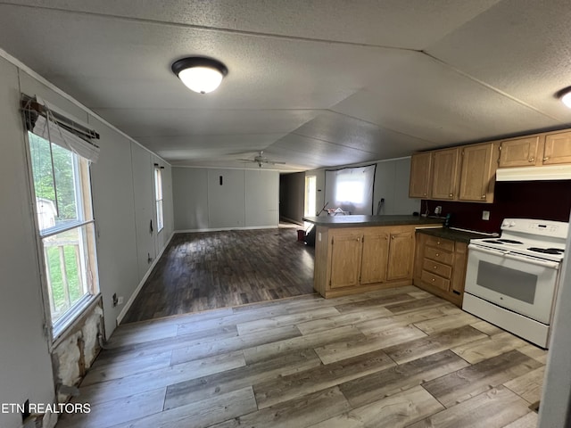 kitchen with dark countertops, electric range, light wood-style floors, open floor plan, and a peninsula