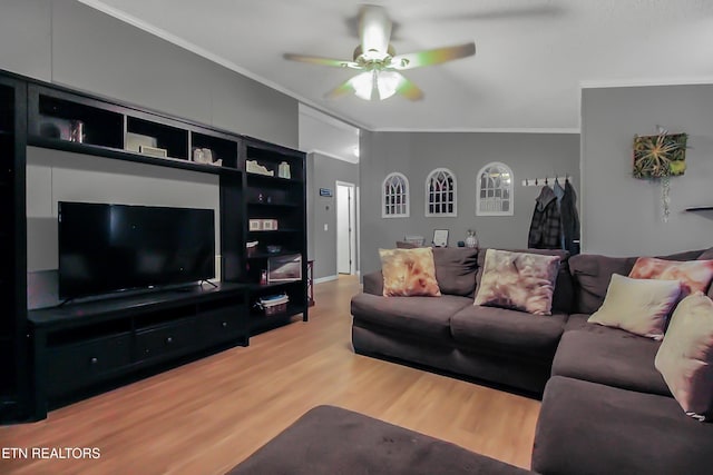 living area with ceiling fan, ornamental molding, and light wood-style floors