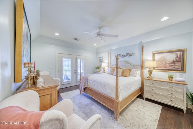 bedroom with a ceiling fan, wood finished floors, access to outside, french doors, and recessed lighting