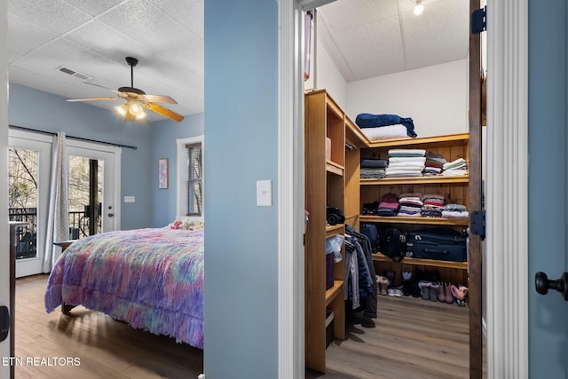 bedroom featuring ceiling fan, a drop ceiling, wood finished floors, visible vents, and access to exterior