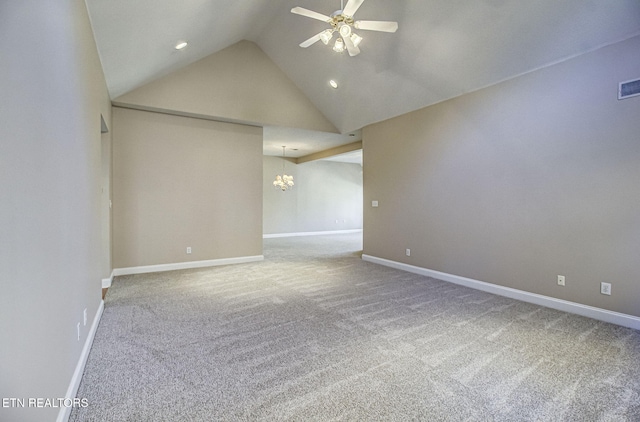 spare room featuring carpet floors, recessed lighting, visible vents, baseboards, and ceiling fan with notable chandelier