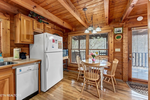 2938 Lightfoot Way, Sevierville, TN 37862 - kitchen with light wood-type flooring, white appliances, wood ceiling, and wood walls