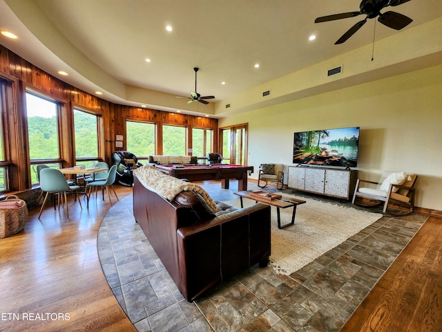 living area featuring recessed lighting, pool table, wood finished floors, a ceiling fan, and visible vents