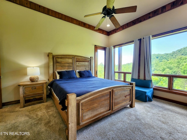 bedroom featuring recessed lighting, carpet flooring, ceiling fan, and baseboards