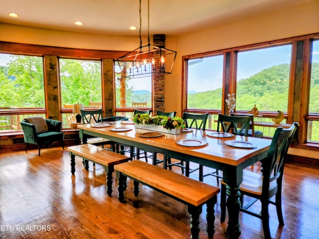 dining area featuring wood finished floors and recessed lighting