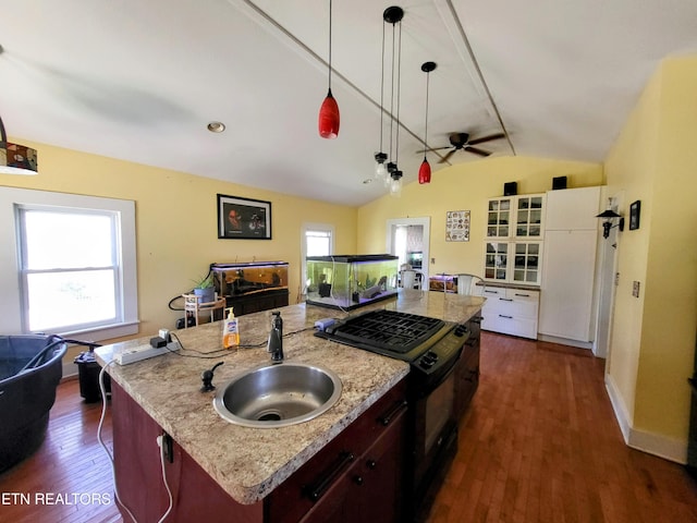 kitchen featuring lofted ceiling, a wealth of natural light, black range with gas stovetop, and a sink