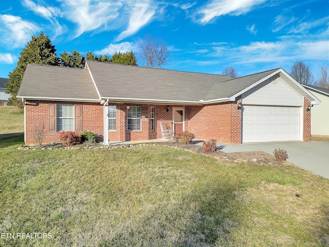 single story home featuring a garage, brick siding, concrete driveway, and a front yard