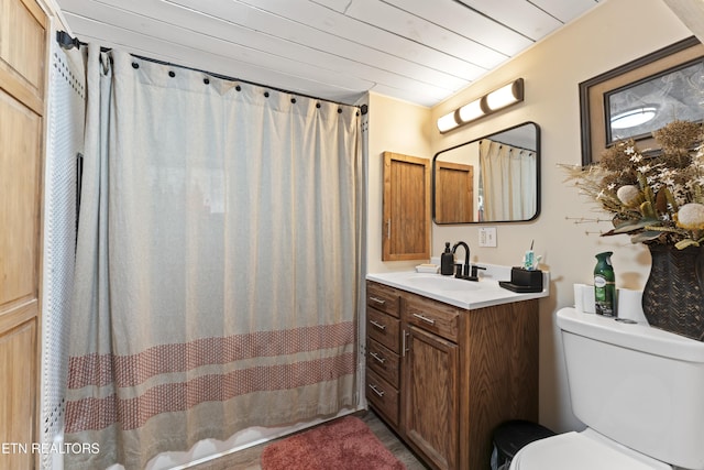 full bath with a shower with shower curtain, wooden ceiling, vanity, and toilet