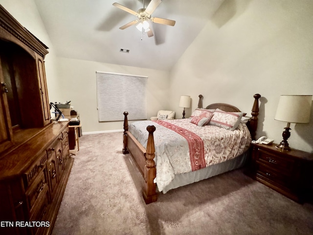 bedroom featuring lofted ceiling, visible vents, carpet flooring, ceiling fan, and baseboards