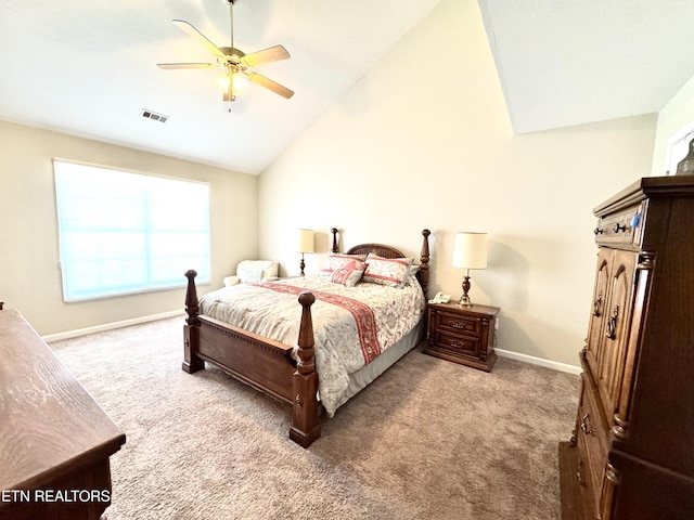 bedroom featuring a ceiling fan, baseboards, visible vents, and carpet flooring