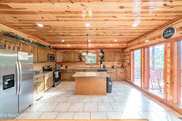 kitchen with appliances with stainless steel finishes, a center island, and wooden ceiling