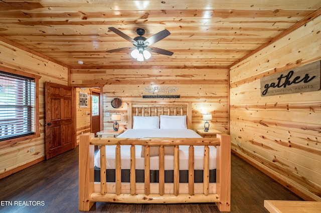 unfurnished bedroom with dark wood-type flooring, wooden ceiling, and wood walls