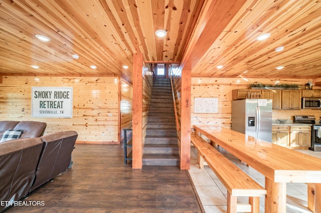 stairs featuring wood walls and wood ceiling