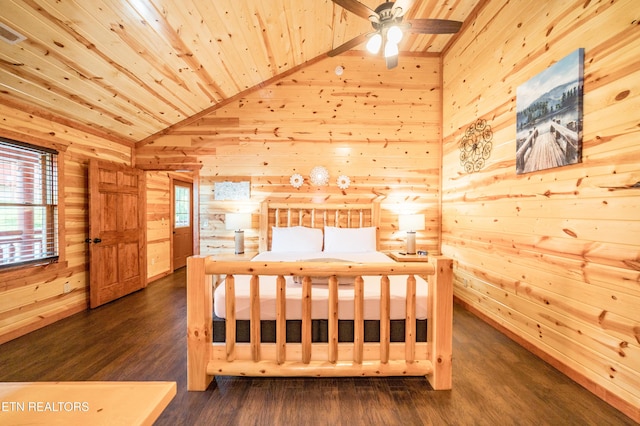 bedroom with wood walls, wood ceiling, vaulted ceiling, and dark wood finished floors