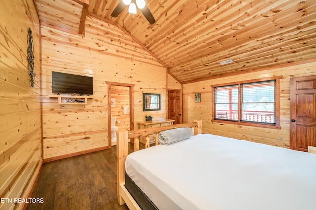 bedroom with lofted ceiling, dark wood-type flooring, wood ceiling, and wooden walls