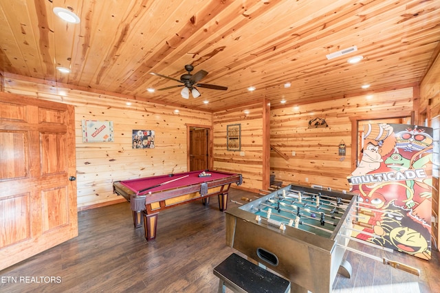 game room with ceiling fan, recessed lighting, billiards, wood finished floors, and wood ceiling