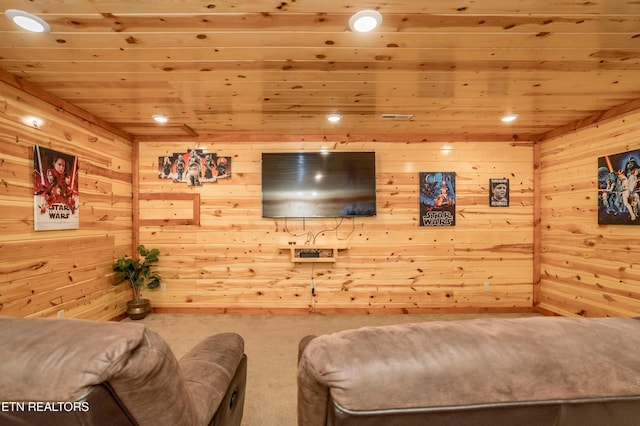 living area with recessed lighting and wood ceiling