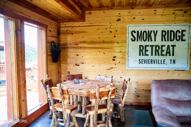 dining room featuring wood ceiling, beamed ceiling, wooden walls, and dark wood-style flooring