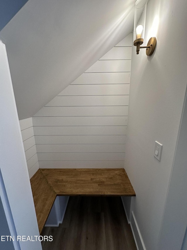 additional living space with lofted ceiling, wood walls, and wood finished floors