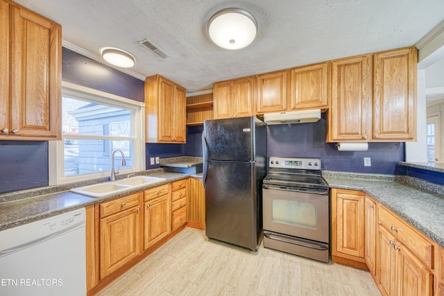 kitchen with dishwasher, stainless steel electric range oven, freestanding refrigerator, under cabinet range hood, and a sink